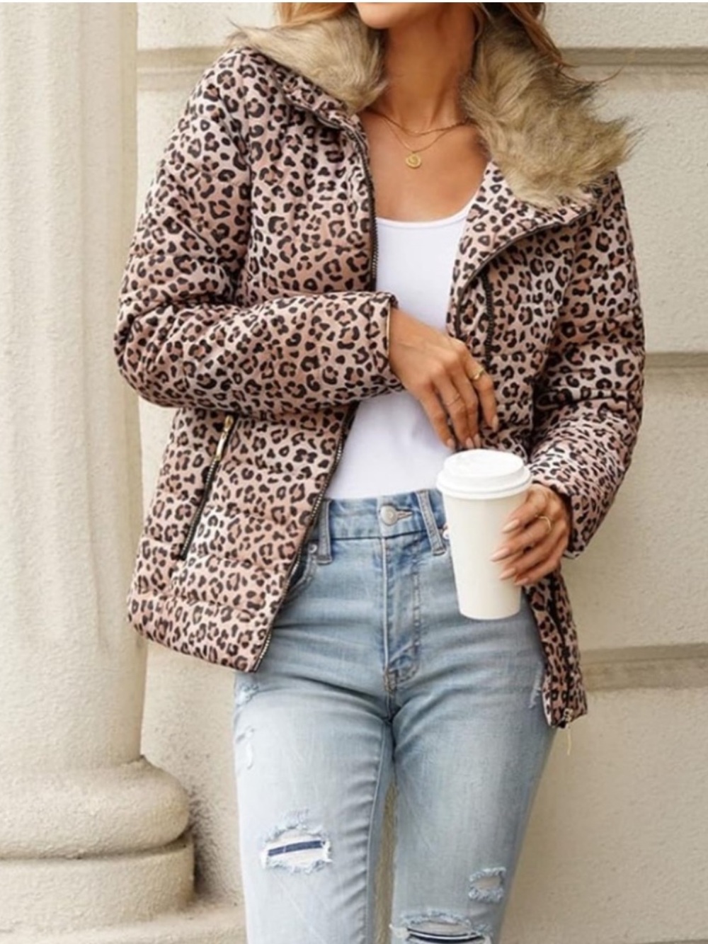 New Amazon Animal Print Faux Fur Hooded Lightweight Puffer Jacket Size Small